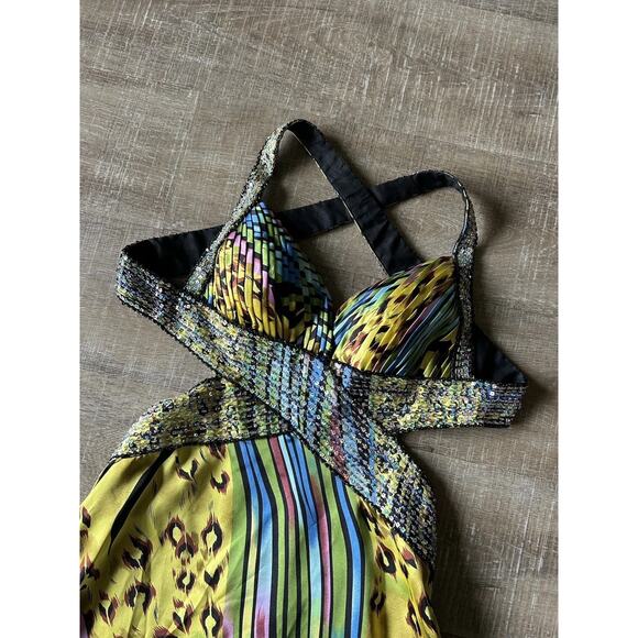 Cache Beaded Sequined Satin Gown Dress women's 4 Y2K Cut Out Peacock Gypsy - Picture 9 of 16